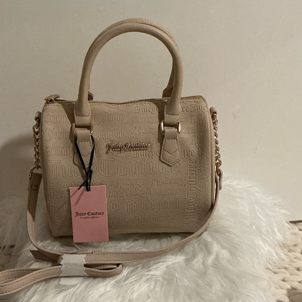 NWT Juicy Couture Beige Embossed Satchel logo gold accents